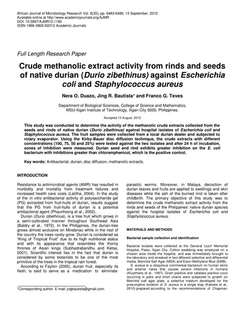 Crude methanolic extract activity from rinds and seeds of native durian.